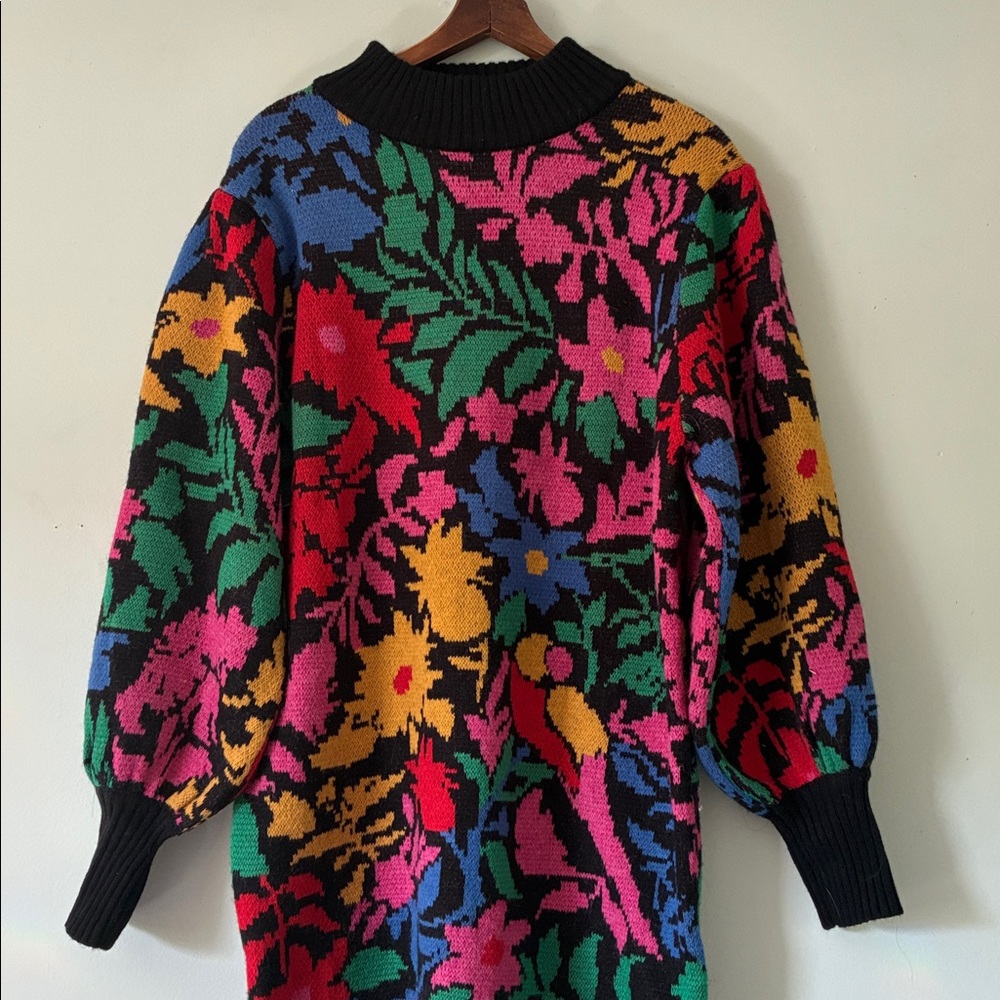 FARM Rio Multicolor Floral Knit Long Sleeve Dress - Black Collar